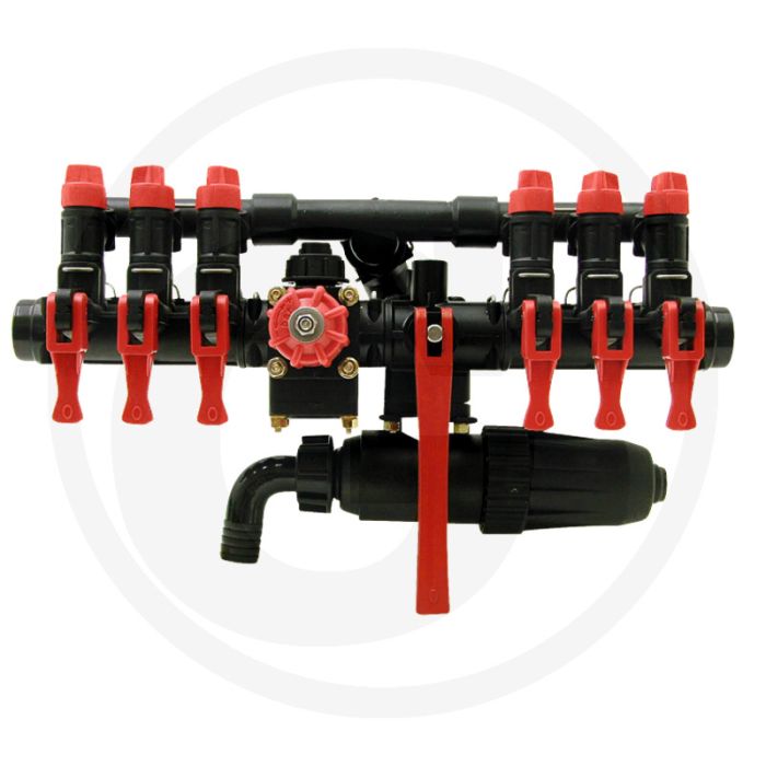 Annovi Reverberi Gelijke druk-armatuur met 6 secties. Max. 160 l/min, tot 20 bar. Let op juiste afdichting.