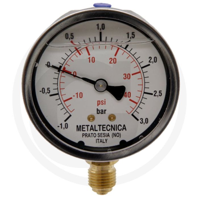 MZ Manometer - Meetbereik: -1 → +3 bar, Ø: 63mm, Huis: RVS, Uitvoering: Met glycerine gevuld