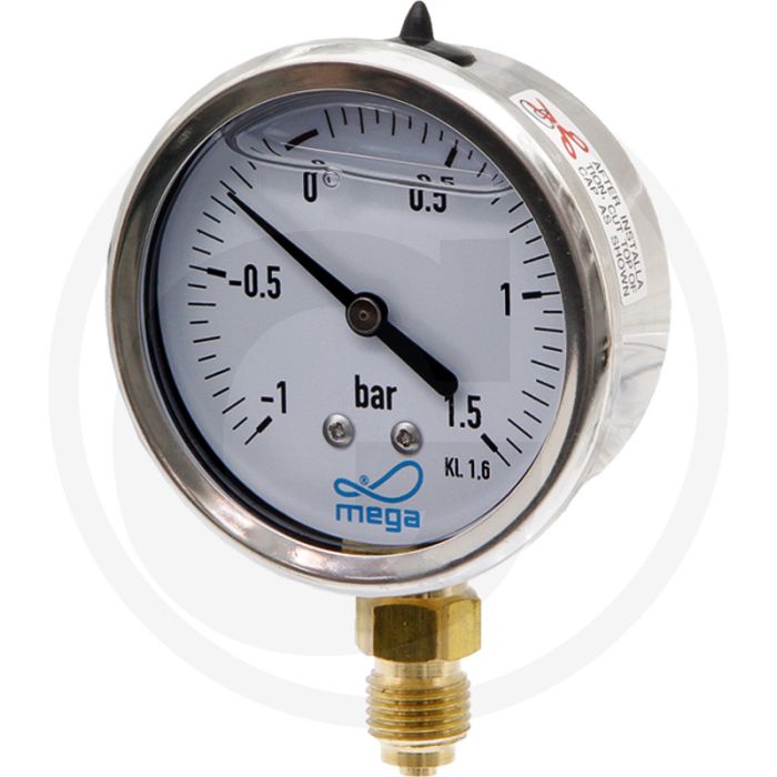 Manometer - Ø63mm, -1 → +1,5 bar, RVS huis, Met glycerine gevuld