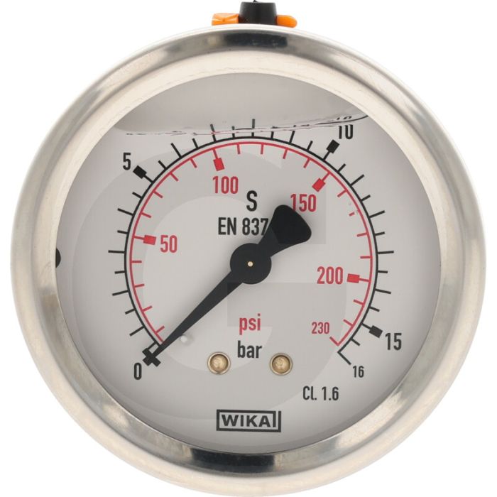 Glycerinemanometer +16 bar, Ø63mm, RVS huis, Messing aansluiting