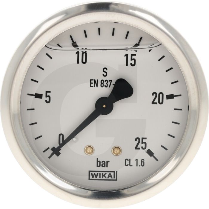 Glycerinemanometer +25 bar, Ø63mm, RVS huis, Messing aansluiting