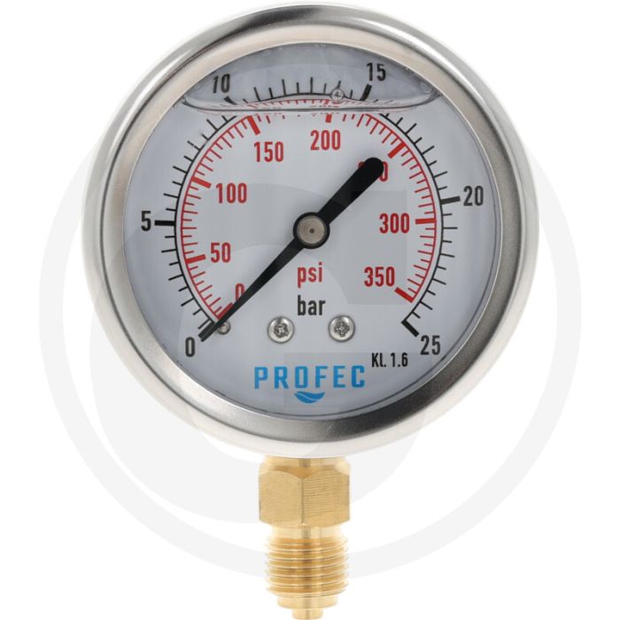 Glycerinemanometer +25 bar RVS Ø63mm Messing