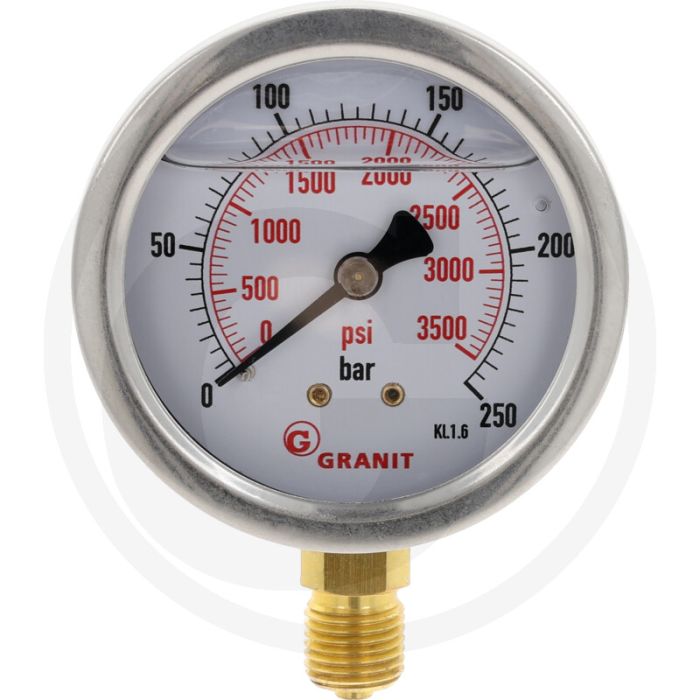 Glycerinemanometer +250 bar, Ø63mm, RVS, Met glycerine gevuld