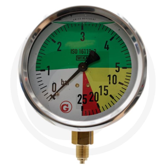 WIKA Manometer 0 - 25 bar, Ø100mm, Messing aansluitdraad, RVS huis, ISO 16119-2 conform