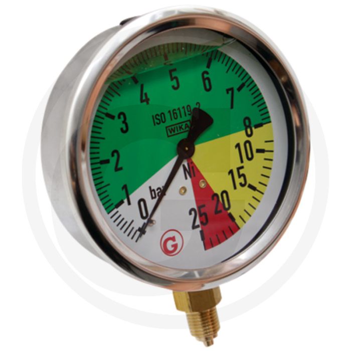 WIKA Manometer 0 - 25 bar, Ø 100mm, Messing aansluitdraad, RVS huis, ISO 16119-2 norm.