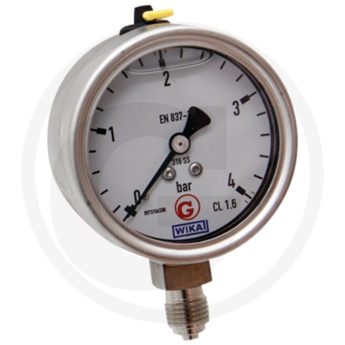 WIKA Manometer 63mm Ø, 0 → +4 bar, RVS aansluiting.