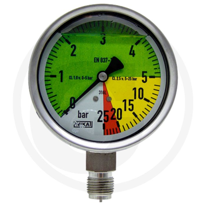 WIKA Manometer 100mm +25 bar RVS Glycerine gevuld ISO 16119-2