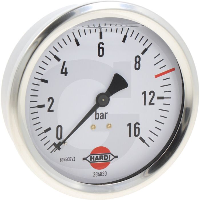 Hardi Glycerinemanometer 0→16 bar, Ø100mm, RVS aansluitdraad.