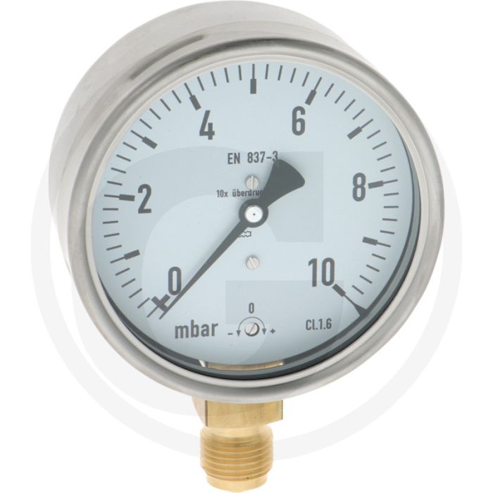 Manometer - Ø100mm, +10 bar, RVS huis, Koperlegering buisveer