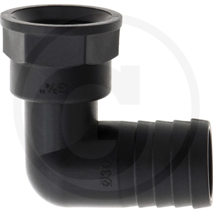 Schlauchtülle 90°, Ø 30mm x IG 3/4", PVC.