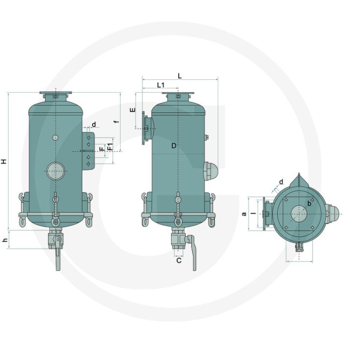 MZ Syphon-Abscheider Ø100mm, H748mm, L424mm, D300mm, -1 → +1,5 bar.