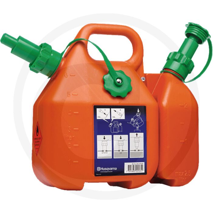 Husqvarna Kombikanister 6L + 2,5L, Orange, Kraftstofffüllschutz. UN-Empfehlungen.