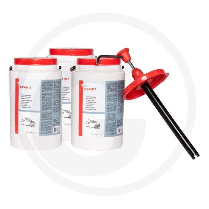 Handreinigingsgel voorraadset - Professionele kwaliteit, 3x 3 liter gel + doseerpomp Handreinigingsgel voorraadset - Professionele kwaliteit, 3x 3 liter gel + doseerpomp