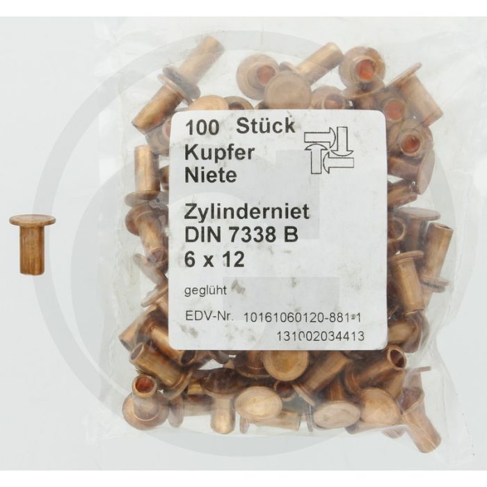 VPE100 koperen klinknagels 6x12 DIN 7338 – Vorm B, koper, Ø6 mm, lengte 12 mm