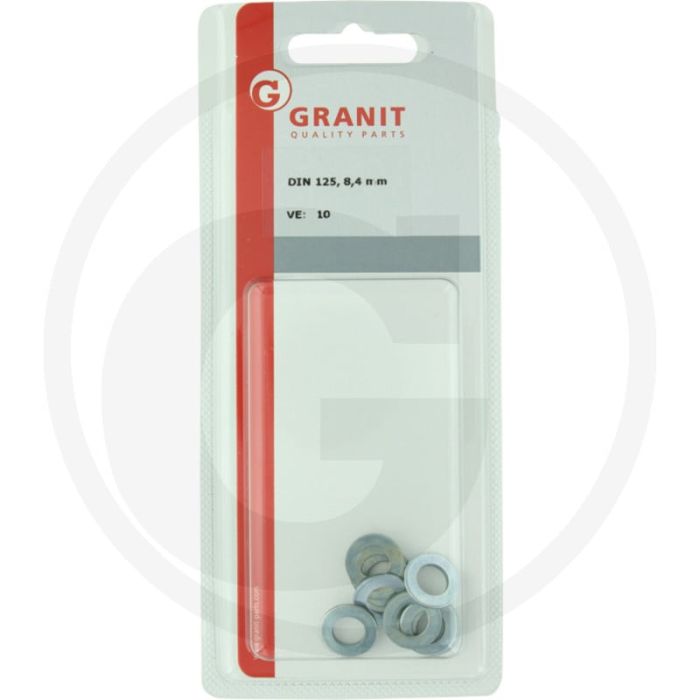 Blister VPE10 sluitringen M8 DIN125 staal verzinkt Form B Blister VPE10 sluitringen M8 DIN125 staal verzinkt Form B