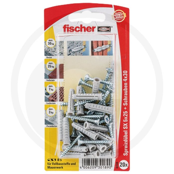 Fischer VPE15 pluggen SX met schroeven – Type SX 6x30 SK, Ø6 mm, lengte 30 mm