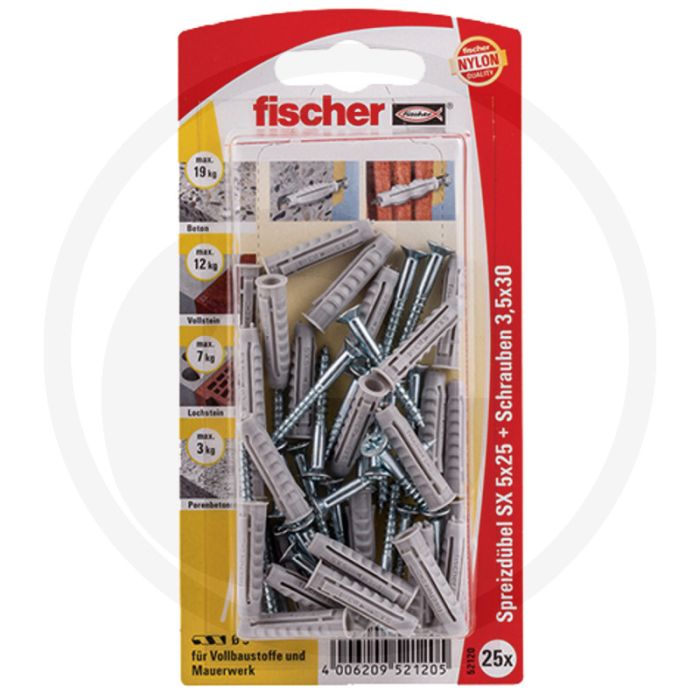 Fischer VPE15 pluggen SX met houtschroeven, type SX 6 x 30 GKS K, Ø6mm, lengte 30mm