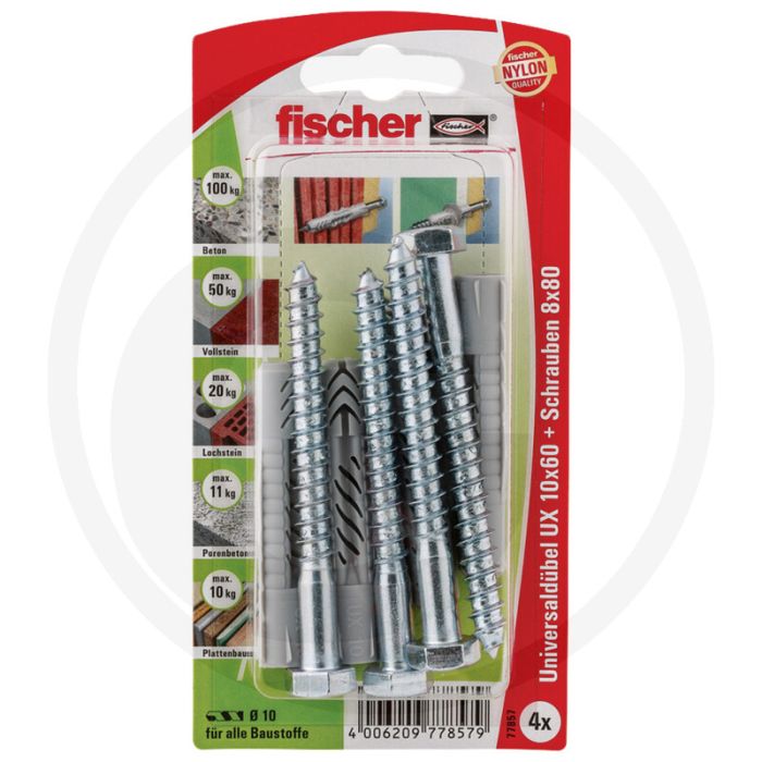 Fischer VPE4 universele pluggen UX met schroeven – UX 10x60 SK, Ø10 mm, 60 mm lang