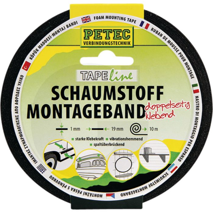 PETEC Verbindungstechnik Schuimmontagetageband (Schuimmontagetageband, zwart, 10 m x 19 mm x 1 mm)