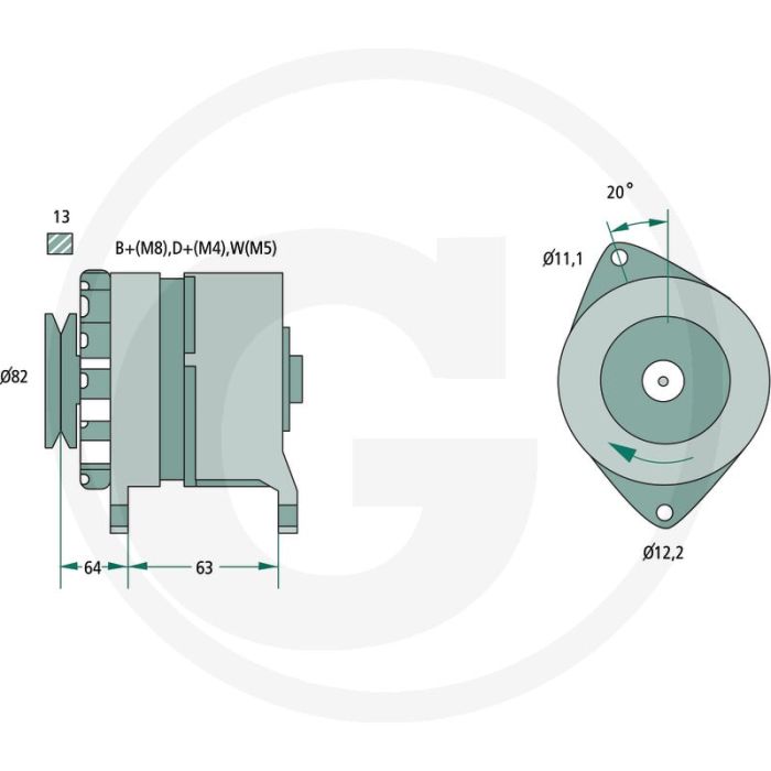 BOSCH Dynamo (K1 28V 10/55A  ; 28 V / 55A  ; met V-snaarpoelie  ; B+ (M6), D+ (M4), W (M5))