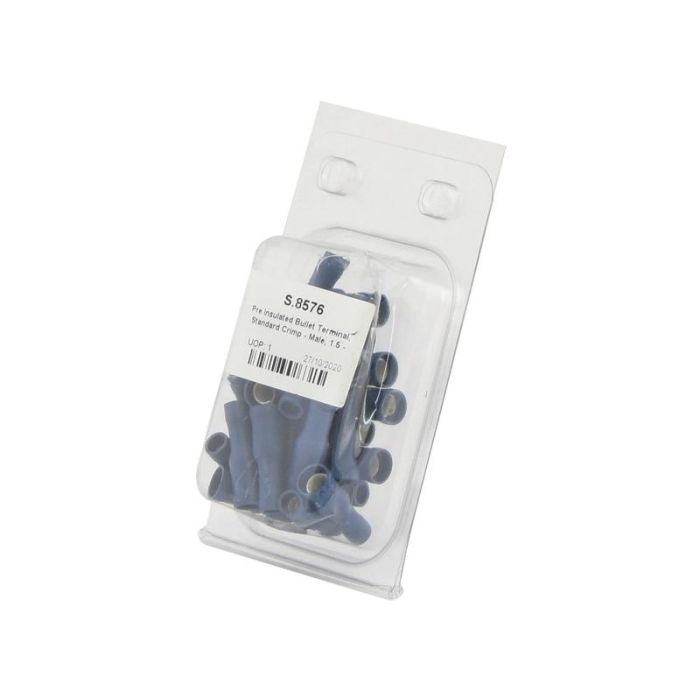 Borne de câble Bullet Ins, décharge de traction simple, - Mâle, 5.0mm, Bleu (1.5 - 2.5mm) (Agripak 25 pièces) Borne de câble Bullet Ins, décharge de traction simple, - Mâle, 5.0mm, Bleu (1.5 - 2.5mm) (Agripak 25 pièces)