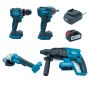 21V Accu combiset 4 stuks (Boormachine, slagmoersleutel, boorhamer, haakse slijper) (Incl. 1x accu 4000mAh & Lader)