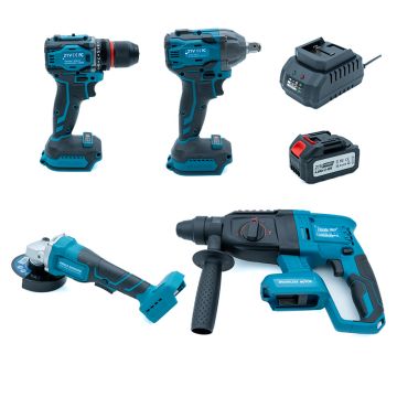 21V Accu combiset 4 stuks (Boormachine, slagmoersleutel, boorhamer, haakse slijper) (Incl. 1x accu 4000mAh & Lader)