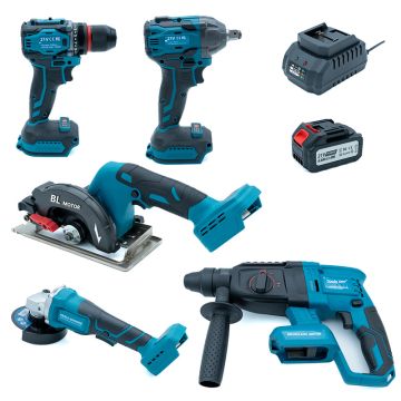 21V Accu combiset 5 stuks (Boormachine, cirkelzaag, slagmoersleutel, boorhamer, haakse slijper) (Incl. 1x accu 4000mAh & Lader)