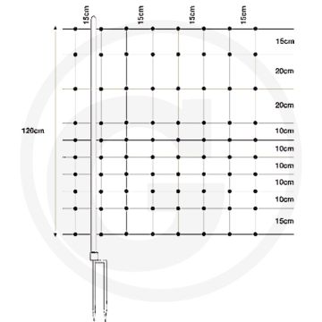 Horizont net voor schapen horinet met dubbele punt - 50m x 1.2m, 14 palen, gele draden, monofiel rvs