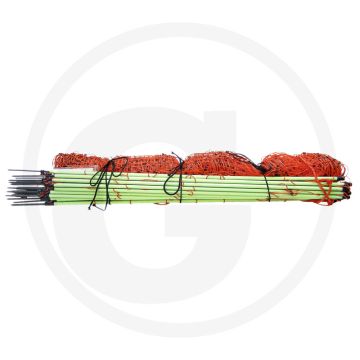 Elektro-afrastering euro-net plus 50 meter lang - 106 cm hoog, 9 horizontale kunststof draden met chroomnikkeldraad, versterkt onderste koord, 14 palen met dubbele punt.