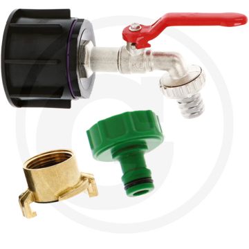 Adapterset messing kogelkraan ibc - draad: s60x6 & accessoires: 1x adapter, 1x kogelkraan, 1x klauwkoppeling, 1x kraanaansluiting