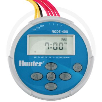 Hunter beregeningscomputer node-400 4 zones - op batterijen, programmeerbaar lcd-display, 3 programma's, 4 starttijden, 6 uur looptijd.