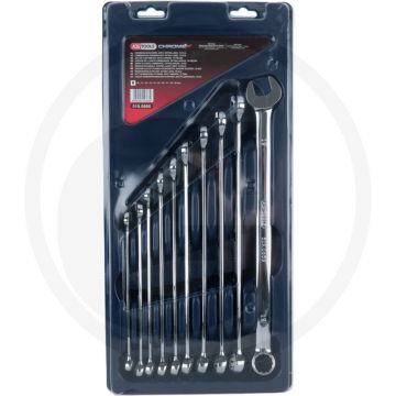 Ks tools chromeplus® ring-steeksleutelset, gebogen, extra lang, 10-delig, 10 - 19 mm - flanktraction-profil, maulstellung 15°, ring 15°, chrom vanadium