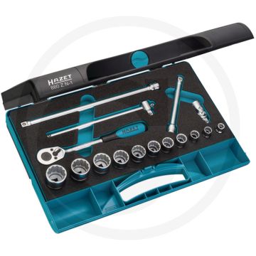 Hazet dopsleutelbitset 3/8" met 11x dopsleutelinzetten, cardangewricht, verlengstuk, schuifgreep en omschakelbare ratel