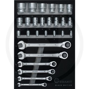 Black edition moduleset heavygrip ringratel steeksleutels en dopsleutels 1/2", 27-delig, metrisch - heavygrip serie, 85% losdraaien, 72 tanden.