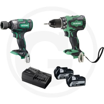 Hikoki accu-combo-kit hikoki kc18dpl, 18v boorschroefmachine & slagschroevendraaier, 2 accu's 5.0 ah, lader - borstelloze motor, 70 nm draaimoment, compact design