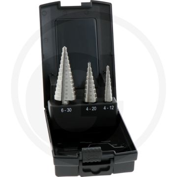 Jeu de forets pour escaliers 3 pièces Ø 4-12/4-20/6-30 mm en coffret plastique