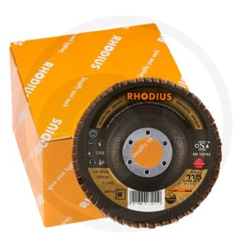 Disque à lamelles Rhodius rhodius « Jumbo Speed Ceramicon », série « Jumbo Speed » - à coupe oblique, Ø 115 mm, granulométrie 60, 115 x 22,2 mm, 13 300 tr/min.