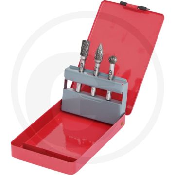 Ks tools hm freesstiften-set in plaatstalen cassette 3-delig - cilindrische, kogel- en puntboogvorm