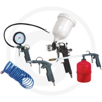 Compressor-accessoireset met verfspuit, nevelspuit, bandenvulpistool, blaaspistool en luchtspiraalslang
