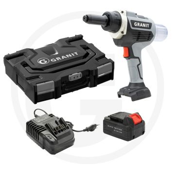 Kit de cloueuse à rivets aveugles « Black Edition », comprenant 1 batterie lithium-ion de 18 volts et 4,0 Ah et 1 chargeur de batterie – plage d'utilisation : 2,4 à 5 mm