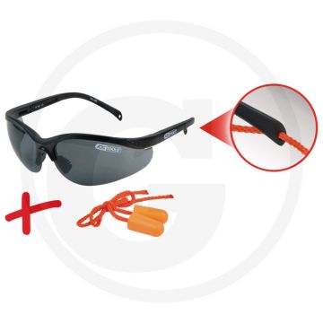 Ks tools schutzbrille-schwarz, mit ohrstöpsel - grau getönte gläser, uv-schutz, kratzfest, optimale passform