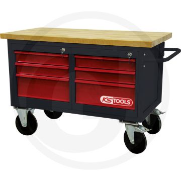 Ks tools verrijdbare werkbank met 6 schuifladen - stabiele staalconstructie met massief beuken werkblad