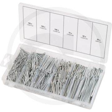 Ks tools assortiment splitpennen, 555-dlg. - 150x 1,6x25 mm - 150x 2,4x25 mm - 100x 2,4x38 mm - 75x 3,2x32 mm - 50x 3,2x50 mm - 30x 4,0x64 mm