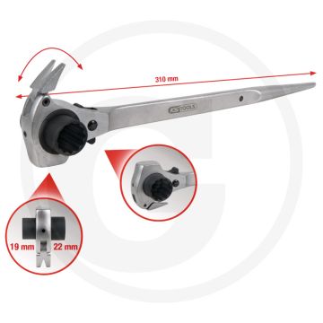 Ks tools 4 in 1 gerüstbauschlüssel, 19x22mm - flanktraction-profil, 28 zähne, hammer, nageleisen - 111x60x357mm