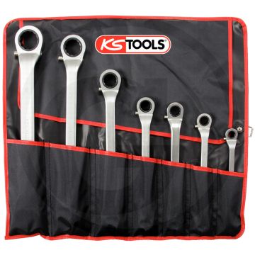 Ks tools classic ratelringsleutelset, omschakelbaar, 7-delig, 10x11-30x32 mm, 24 tanden, mat satijn, crv