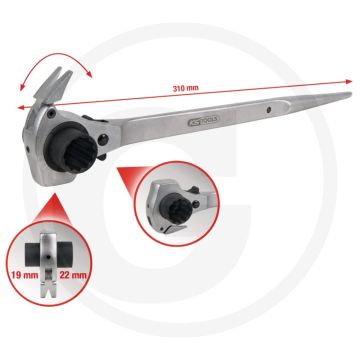 Ks tools 4 in 1 gerüstbauschlüssel, 19x22mm - flanktraction-profil, 28 zähne, hammer, nageleisen - 111x60x357mm