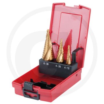 Ks tools hss tin stappenboor-set in kunststofcassette, 3-delig - tin-beschichtete oberfläche