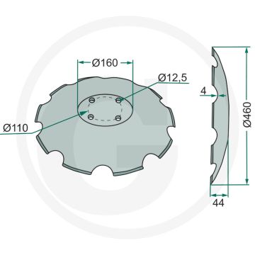 Eggeschijf getand - Ø 460mm, 4mm dikte, 9 tanden, 110mm gatafstand, 4 boringen