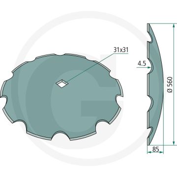 Eggeschijf getand, Ø: 560 x 4,5 mm, voor 4-kant as - 10 tanden